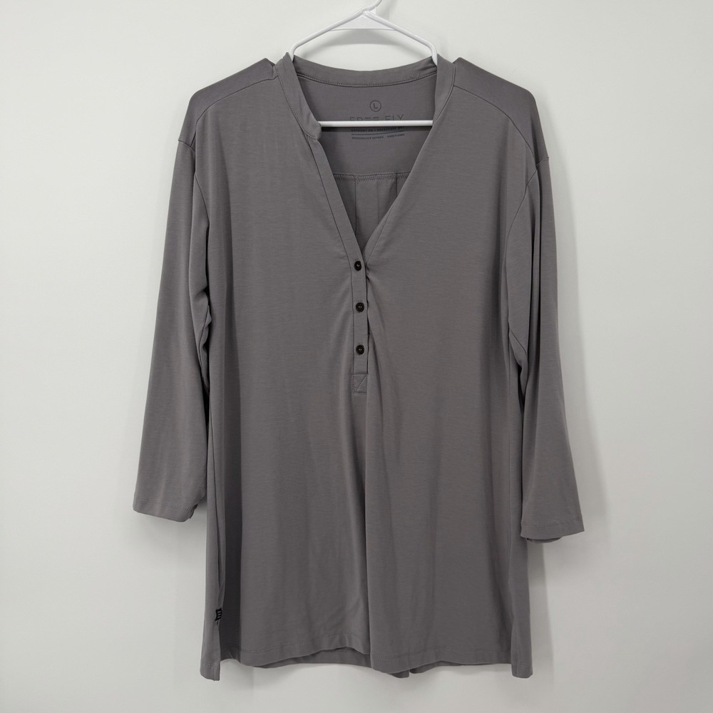 Free Fly Bamboo Flex Performance Henley Shirt Gray 3/4 Sleeve Womens Size Large